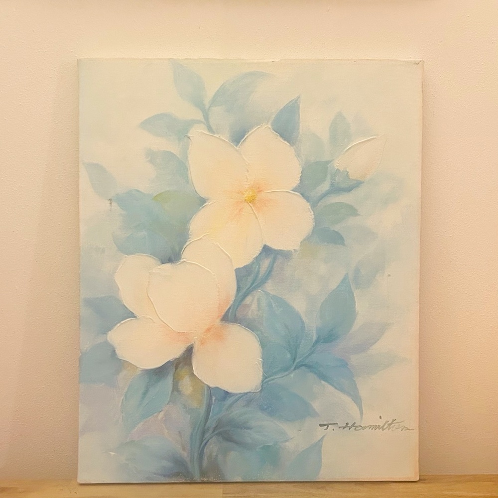 Vintage 80s 90s Floral Original Oil Painting Signed Cottage 20x16 Soft Romantic